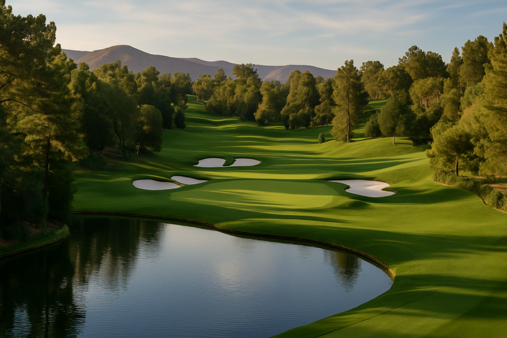 Shadow Creek Golf Course parkland hole with water and desert backdrop